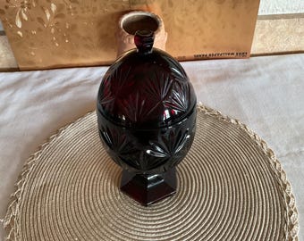 Vintage Ruby Red glass egg shaped covered candy dish