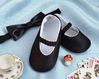 Soft Sole Black Baby Girl Shoes and Headband for Alice in Wonderland Newborn Photo Prop,  Infant Storybook Costume Set