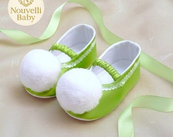 Infant Tinkerbell Baby Girl Shoes Green Fairy Pom Poms Flats for Birthday Toddler Costume for Halloween Dress-Up