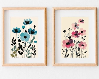 Modern Floral Wall Art Set | Colorful Flower Illustration Printable 2-Piece Digital Download