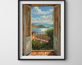 Mediterranean Window View Art Print | Coastal Landscape Poster | Digital Download Wall Decor