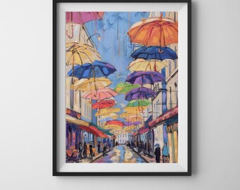 Calle con paraguas de colores imprimible / Paisaje urbano moderno descarga digital