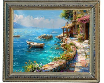 Mediterranean Coastal Path Art Print | Seaside Landscape Painting | Digital Download Wall Decor