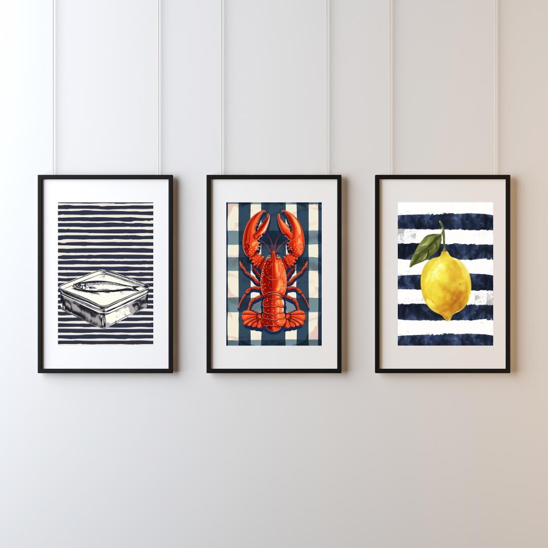 Kitchen Posters Set Coastal Kitchen Trio – Digital Poster Set (sardines, Lobster, Lemon ...
