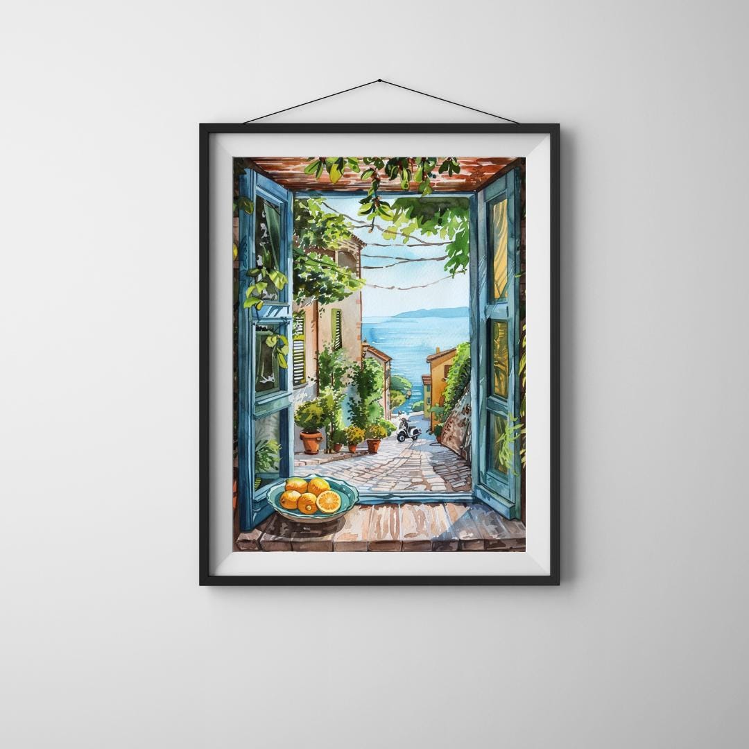 Mediterranean Coastal Art Print | Italian Window View Wall Art ...