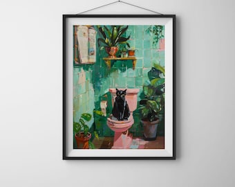 Póster de pared para baño con gato negro / Descarga digital / Decoración divertida para el hogar con gatos