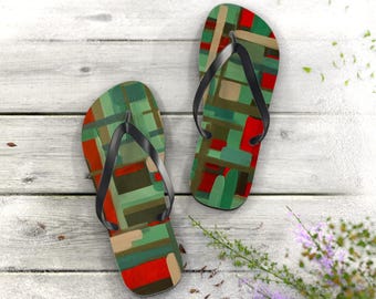 8 different beach flip-flops, unisex, colorful patterns and prints, street flip-flops, flip-flops with abstract geometric shapes.