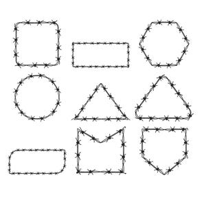 Puede incluir: Una colección de nueve marcos de alambre de púas en blanco y negro en varias formas geométricas, incluyendo cuadrado, rectángulo, círculo, triángulo, hexágono y escudo. Los marcos están sobre un fondo blanco.