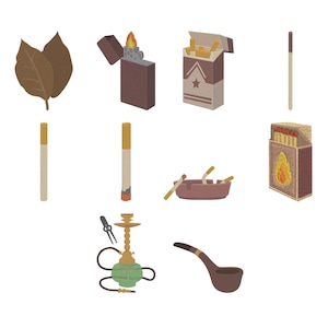 May include: An illustration of smoking accessories, including tobacco leaves, a lighter with a flame, a pack of cigarettes, a match, two cigarettes, an ashtray with cigarettes, a box of matches, a hookah, and a pipe. The items are in shades of brown, beige, and green.