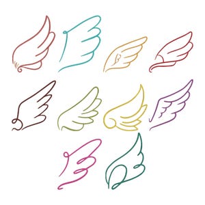 Könnte beinhalten: Eine Sammlung von zehn stilisierten Flügelillustrationen in verschiedenen Farben, darunter Rot, Türkis, Gold und Lila. Jedes Flügeldesign hat eine einzigartige Kontur und Form, die sich für Grafikdesign oder dekorative Zwecke eignet. Die Flügel sind auf weißem Hintergrund angeordnet.