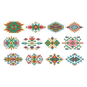 Pode incluir: Uma coleção de doze designs geométricos coloridos em estilo sudoeste. Cada design apresenta um padrão único com formas como diamantes, triângulos e retângulos, em tons de vermelho, verde, azul e amarelo. Os designs são dispostos em um fundo branco.