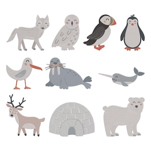 Puede incluir: Ilustraciones de animales árticos, incluyendo un lobo, búho, frailecillo, pingüino, gaviota, morsa, narval, reno, iglú y oso polar. Las ilustraciones son de estilo caricaturesco, con colores y texturas suaves.