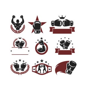 May include: Nine black and maroon boxing-themed logos are displayed. The designs include boxing gloves, a muscular arm, a boxer silhouette, stars, laurel wreaths, and banners. These logos are suitable for sports branding.