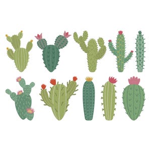 Puede incluir: Una colección de diez ilustraciones estilizadas de cactus en varios tonos de verde, algunas con pequeñas flores rojas o amarillas. Los cactus varían en forma y tamaño, mostrando un tema botánico desértico.