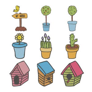 Könnte beinhalten: Eine Sammlung skurriler Illustrationen zum Thema Garten. Enthält ein Schild mit der Aufschrift "MY GARDEN" mit einem gelben Vogel, Topfpflanzen, einem Kaktus und drei bunten Vogelhäusern. Der Stil erinnert an ein Kinderbuch.