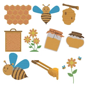 May include: A collection of honey-themed illustrations, including a honeycomb, bees, a beehive, honey jars, flowers, and honey dipper. The images are in shades of yellow, brown, and blue, creating a cheerful and natural aesthetic.
