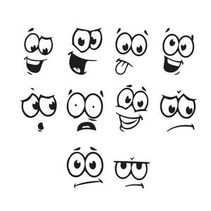 May include: A collection of cartoon eye and mouth expressions in black and white. The expressions include smiling, angry, surprised, and sad faces, perfect for digital art or graphic design projects.