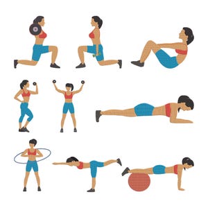 May include: Illustrations of fitness exercises, each figure in a red sports bra and blue shorts. The exercises include lunges, planks, and weightlifting with dumbbells and a barbell. A hula hoop and an exercise ball are also shown.