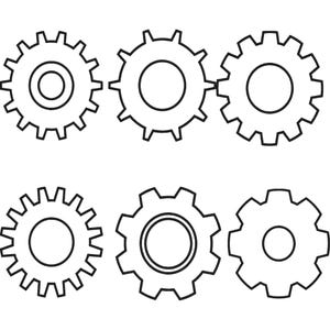 Könnte beinhalten: Schwarz-weiße Illustration mit sechs Zahnrädern. Jedes Zahnrad hat eine kreisförmige Mitte und gezahnte Kanten, mit Variationen im Design der Mitte. Die Zahnräder sind in zwei Reihen zu je drei Stück angeordnet.