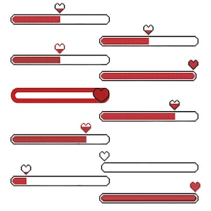 May include: A collection of pixelated red and white progress bars, each with a heart icon. The bars are at various stages of completion, with some nearly full and others just beginning. The hearts are also red.