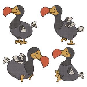 May include: Four cartoon illustrations of dodo birds in different poses. The birds feature grey bodies, orange beaks, yellow feet, and small wings. Each bird has a unique stance, with some standing and others sitting.