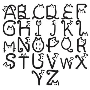 Borduurpatroon voor de borduurmachine met kattenalfabet, monogram met kittenmotief, schattige beginletters met kattensnorharen en staart, direct digitaal te downloaden.