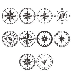 May include: A collection of ten distinct black and white circular compass icons arranged in three rows. Each icon features unique geometric designs, including star-shaped needles, cardinal direction markers N, S, E, and W, and varied circular borders.