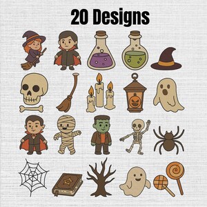 May include: A collection of 20 Halloween-themed digital illustrations featuring a witch, vampire, skull, potions, broom, candles, lantern, ghost, mummy, Frankenstein monster, skeleton, spider, web, spellbook, bare tree, and lollipops in a cartoon style.