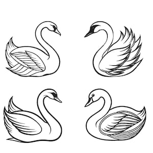May include: Four black and white swan illustrations. Each swan is depicted in a different pose, with varying details in the wings and neck. The swans are outlined with thick black lines, creating a simple yet elegant design.