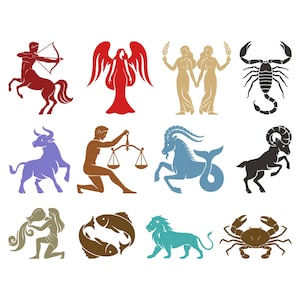 May include: A collection of twelve zodiac signs in various colors. The signs include Sagittarius, a centaur archer; Libra, a person holding scales; and Cancer, a crab. Each sign is a unique illustration.