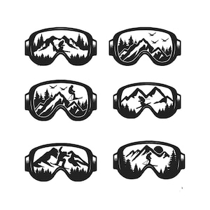 May include: Six black and white ski goggles designs. Each goggle features a mountain scene with skiers, trees, and birds. The designs are symmetrical, with a focus on winter sports and outdoor activities.