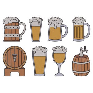 Può includere: Illustrazione di vari elementi legati alla birra. L'immagine presenta diversi bicchieri da birra, boccali e una botte, tutti riempiti di birra dorata e sormontati da schiumose teste bianche. I disegni sono delineati in nero e hanno un aspetto strutturato.
