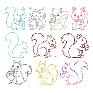 May include: A collection of eleven squirrel illustrations arranged in a grid. The squirrels are depicted in various poses, some holding acorns, rendered in different colored outlines including teal, purple, green, pink, red, brown, and yellow.