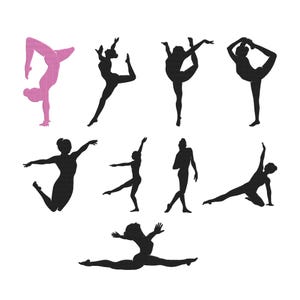 May include: A collection of stylized dancer silhouettes in various poses. One dancer is pink, the others are black. The dancers are in dynamic positions, including leaps, balances, and splits, against a white background. The image is suitable for dance-themed designs.