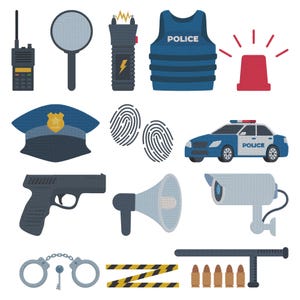 Może przedstawiać: Ilustracja różnych przedmiotów związanych z policją. Obejmuje krótkofalówkę, lupę, paralizator, kamizelkę kuloodporną, syrenę, czapkę policyjną, odciski palców, radiowóz, pistolet, megafon, kamerę bezpieczeństwa, kajdanki, taśmę ostrzegawczą i naboje.