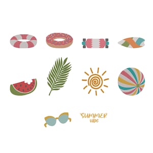 Könnte beinhalten: Eine Sammlung von Illustrationen zum Thema Sommer auf weißem Hintergrund. Das Bild enthält einen rot-weiß gestreiften Rettungsring, einen rosa Donut, ein Skateboard, ein Surfbrett, eine Wassermelonen-Scheibe, ein Palmenblatt, eine Sonne, einen Strandball und eine Sonnenbrille. Der Text "Summer Vibe" ist ebenfalls enthalten.