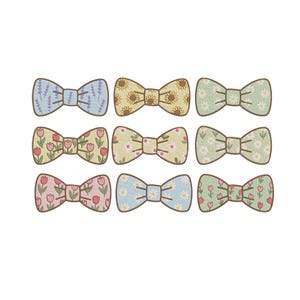 May include: Nine decorative bow ties with floral patterns. The bow ties feature designs of lavender, sunflowers, daisies, and tulips in various colors, including blue, yellow, pink, and green. Each bow tie has a brown outline.
