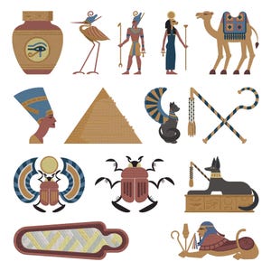May include: A collection of Egyptian-themed illustrations. Includes a vase with an eye symbol, a bird, figures of gods, a camel, a pyramid, a cat, a scarab beetle, a sphinx, and other ancient Egyptian symbols.