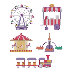 May include: A collection of colorful carnival-themed illustrations. The image includes a Ferris wheel, a food cart, a carousel with horses, a ride with cars, and a train. The designs feature red, purple, yellow, and green accents.