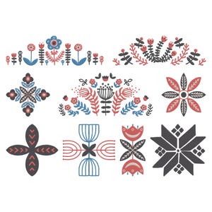 Puede incluir: Una colección de nueve diseños florales y geométricos de estilo folk art. Los diseños presentan elementos rojos, azules y negros, incluyendo flores, hojas y formas abstractas. Las composiciones son simétricas y decorativas.