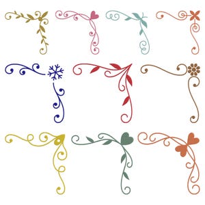May include: A selection of decorative corner designs in various colours. Each corner features floral and scroll elements, with some including hearts, snowflakes, and flower accents. The designs are in gold, pink, blue, red, brown, and green.