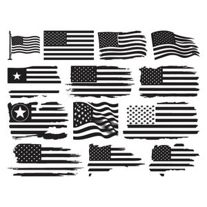 May include: A selection of black and white illustrations depicting the American flag in different artistic styles. The designs include flags on poles, rectangular flags, and flags with distressed and brushstroke effects. The stars and stripes are clearly visible in each design.