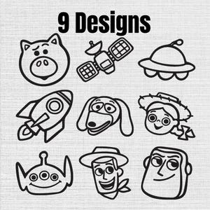May include: A collection of 9 black line art designs featuring a pig, a satellite, a flying saucer, a rocket, a long-eared dog, a cowgirl, a three-eyed alien, a cowboy, and a space ranger. The text 9 Designs is printed at the top.