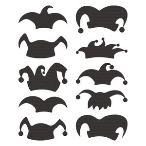 May include: Ten black jester hats in diverse designs are displayed. Each hat is a solid silhouette, with some including bells or curved points. The hats are presented against a white backdrop.