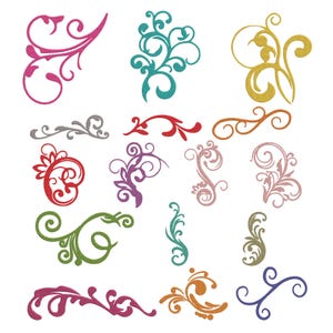 May include: A collection of sixteen distinct decorative scrollwork designs featuring various swirling patterns and flourishes. The set includes individual elements in shades of pink, teal, yellow, gray, red, orange, purple, light pink, green, and blue.