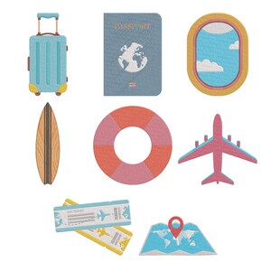 May include: A set of travel-themed illustrations. Includes a blue suitcase, passport, airplane window, surfboard, life preserver, airplane, two air tickets, and a map with a location marker. All items are in a cartoon style.