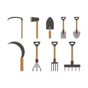 May include: A set of gardening tools illustrated in a flat design. The image includes a scythe, axe, shovel, and rake, each with a wooden handle. The colour palette is simple, using brown, grey, and black.