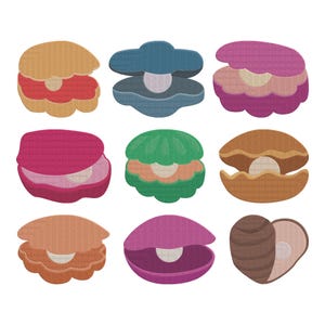 May include: A collection of nine colorful seashell illustrations. Each shell is open, revealing a pearl. The shells vary in color, including shades of orange, blue, pink, green, and brown. The pearls are white.