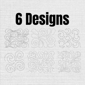 Peut inclure: Un graphique numérique présentant le texte 6 Designs en lettres noires grasses en haut, positionné au-dessus de six panneaux carrés distincts. Chaque panneau contient un motif unique en lignes noires composé de tourbillons et de courbes fluides.