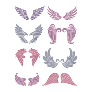 May include: A collection of eight pairs of stylized angel wings in various designs and colors. The wings are in shades of purple, pink, and gray, with textured details. The wings are arranged on a white background.